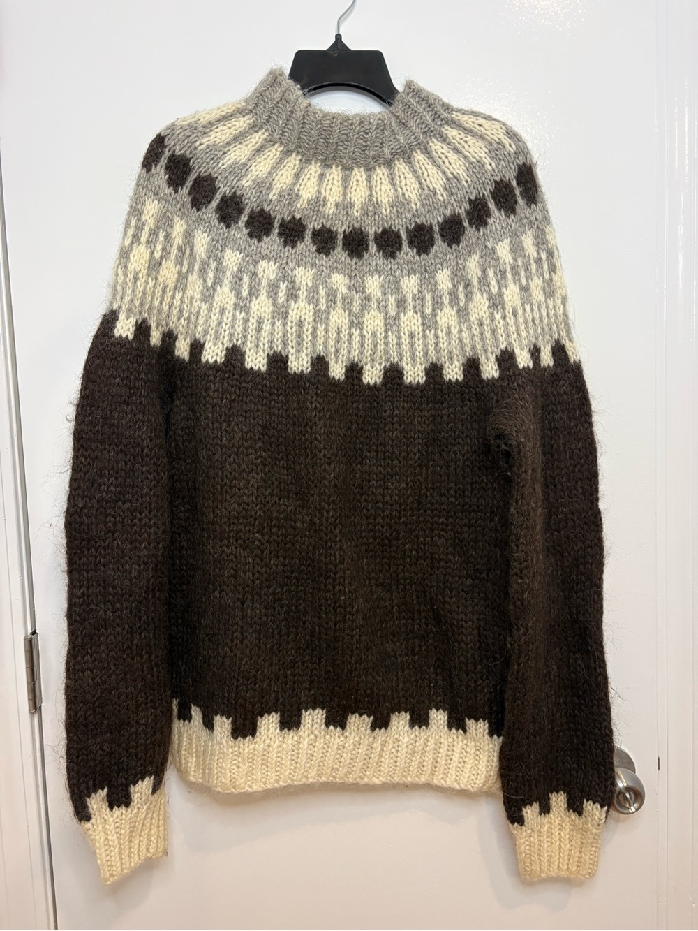 Icewool Iceland Handknitted Pure Wool Fair Isle Sweater Mens XL Brown Gray Vtg